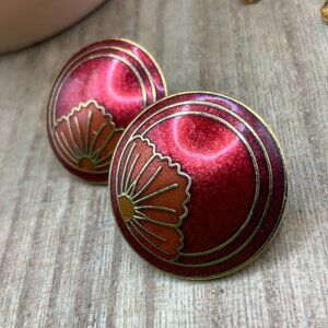 Cloisonne Vintage Floral Red Gold Tone Enamel Stud Earrings